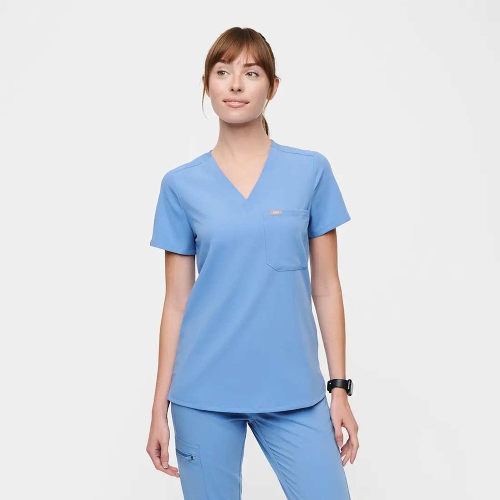 Figs Technical Collection Scrub Top Womens Large V-Neck Chest Pocket Ceil Blue
